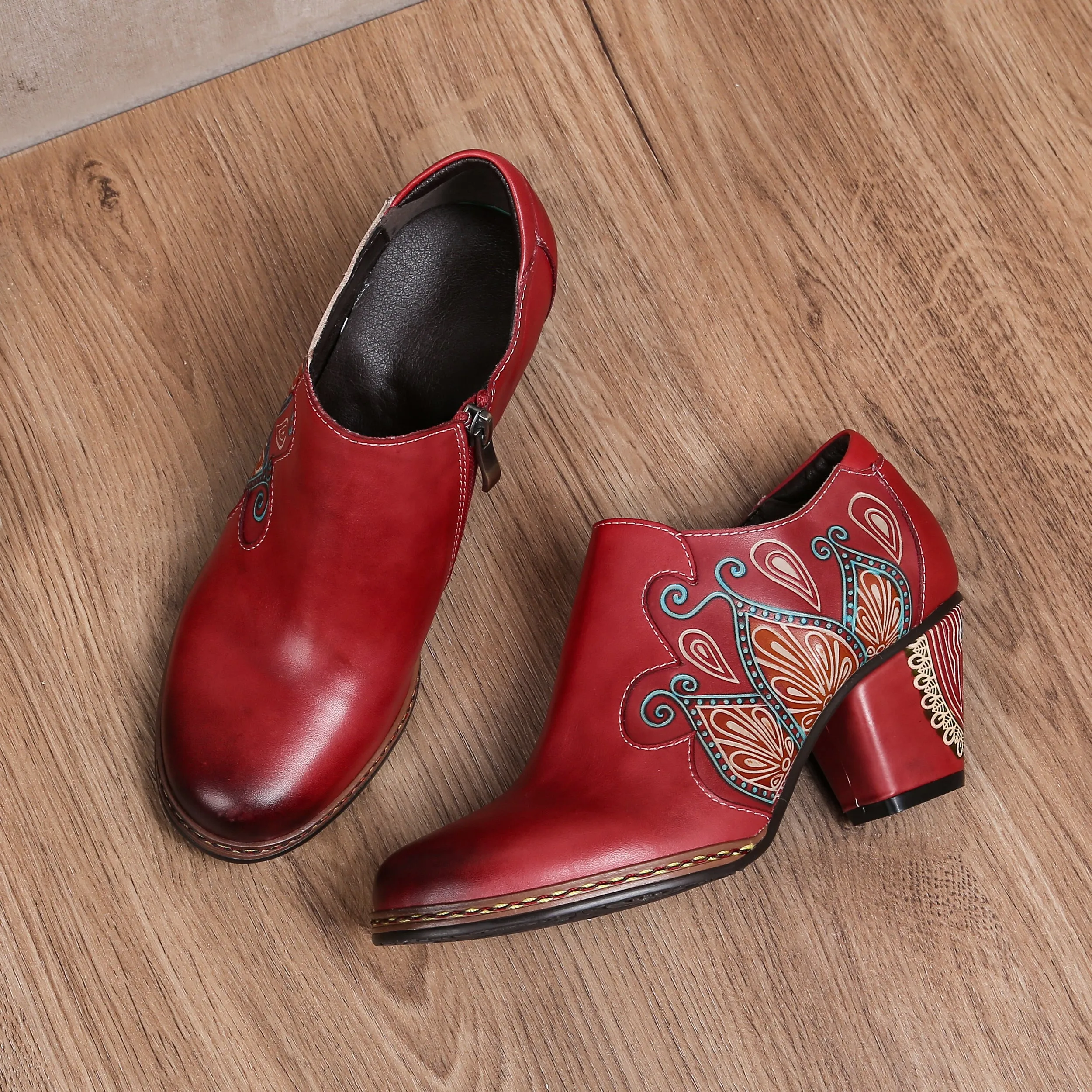 CrazycatZ Leather Pumps,Women  Vintage Block Heel Oxford Vintage Shoes Floral Oxford Shoes Red