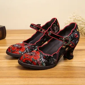 CrazycatZ Women's Leather Mary Jane Shoes Mary Jane Colorful Leather Oxfords Vintage Leather Pumps Red Floral