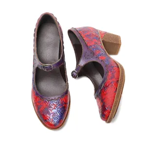 CrazycatZ Women's Leather Mary Jane Shoes Mary Jane Colorful Leather Oxfords Vintage Red
