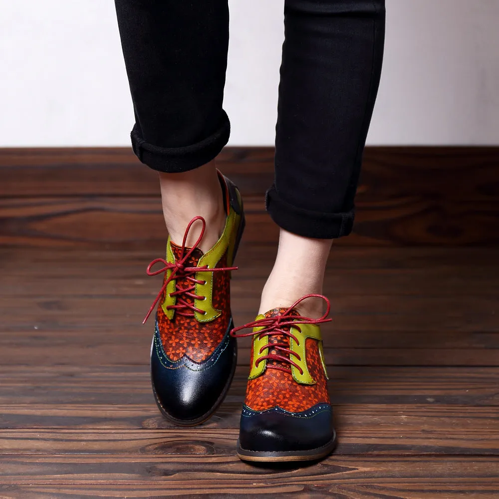 CrazycatZ Women's Vintage Leather Oxford Shoes Perforated Lace up Wingtip Colorful Leather Oxfords