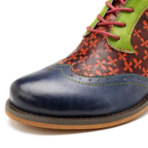CrazycatZ Women's Vintage Leather Oxford Shoes Perforated Lace up Wingtip Colorful Leather Oxfords