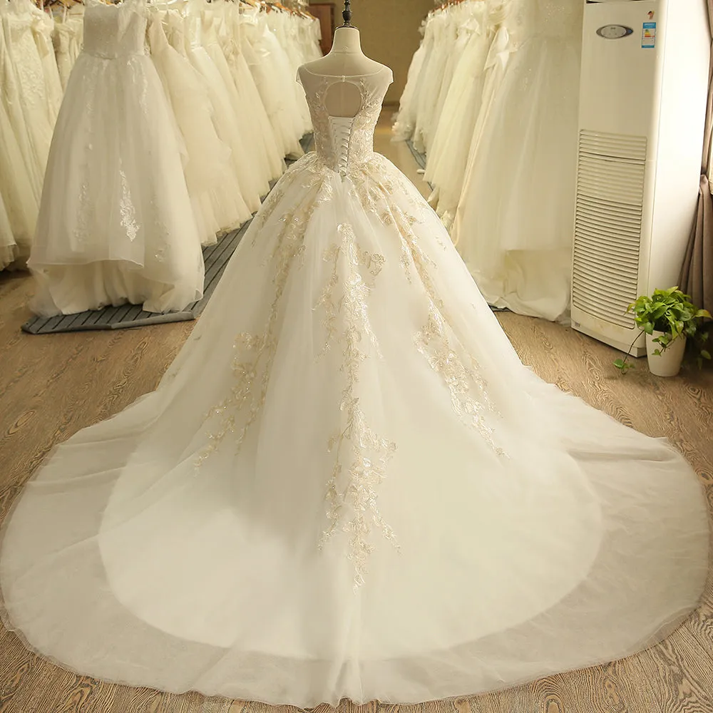 Cut-out Back Cap Sleeve Wedding Dress