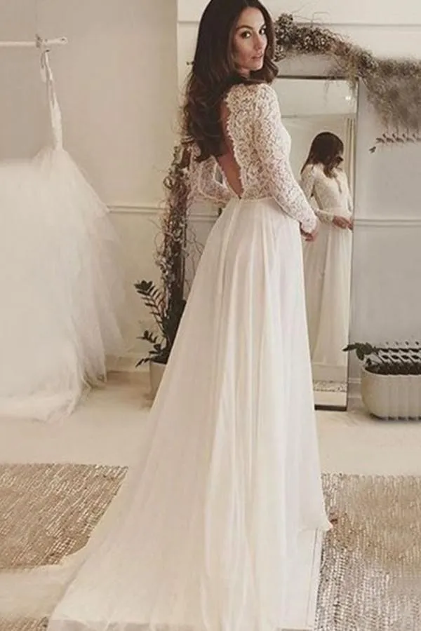Deep V-Neck Long Sleeves Backless Ivory Chiffon Wedding Dress With Lace  TN0084