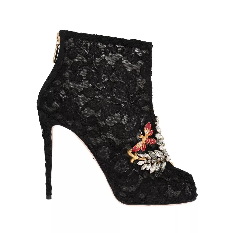 Dolce&Gabbana Women Black Ankle Boots Cotton Floral Lace Heel Booties Sz EU 38.5
