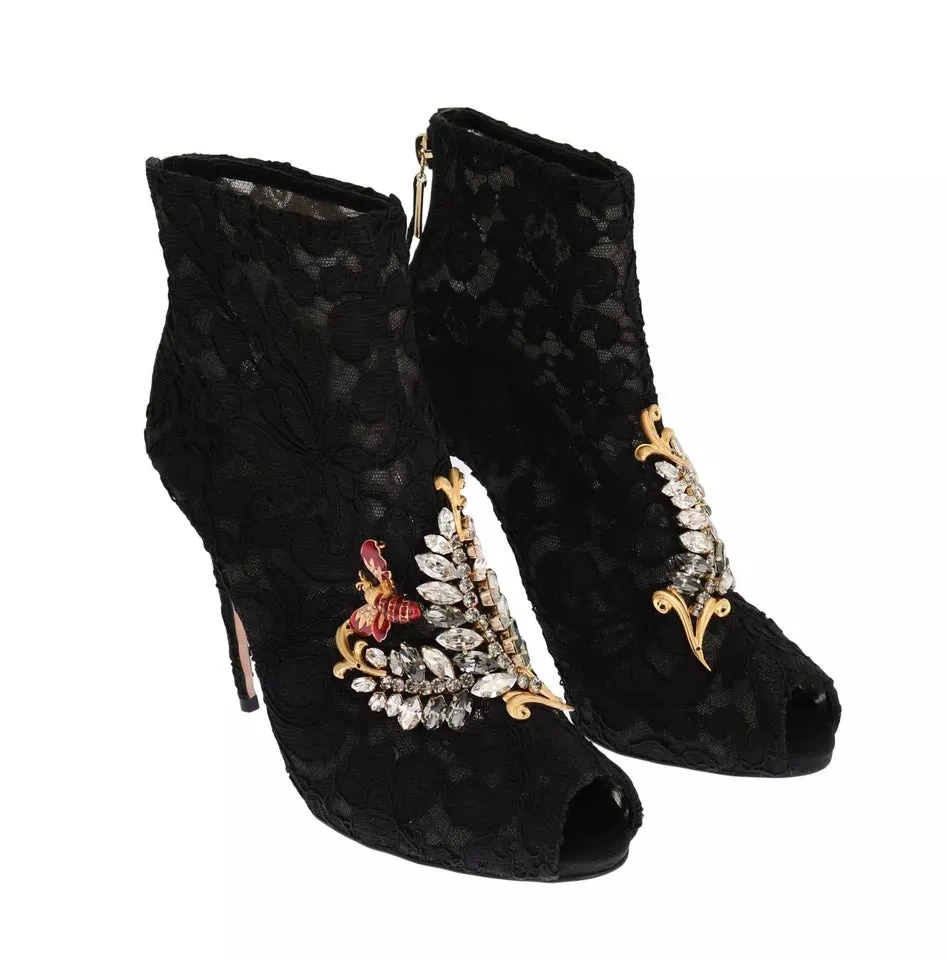 Dolce&Gabbana Women Black Ankle Boots Cotton Floral Lace Heel Booties Sz EU 38.5