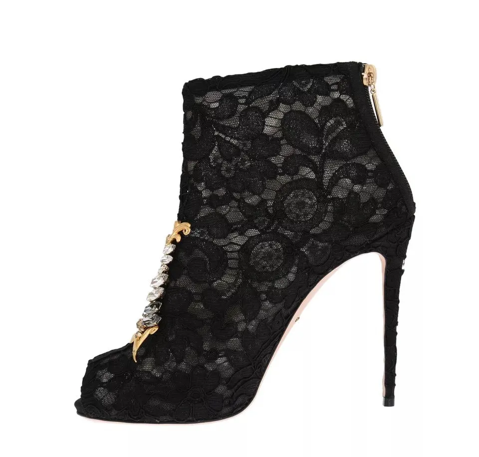 Dolce&Gabbana Women Black Ankle Boots Cotton Floral Lace Heel Booties Sz EU 38.5