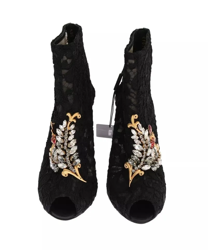 Dolce&Gabbana Women Black Ankle Boots Cotton Floral Lace Heel Booties Sz EU 38.5
