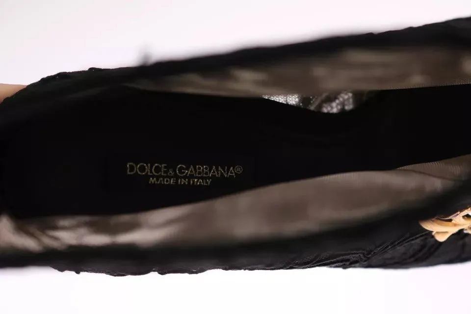Dolce&Gabbana Women Black Ankle Boots Cotton Floral Lace Heel Booties Sz EU 38.5