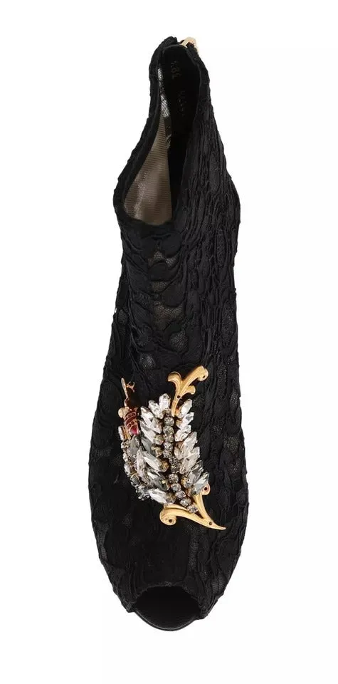 Dolce&Gabbana Women Black Ankle Boots Cotton Floral Lace Heel Booties Sz EU 38.5