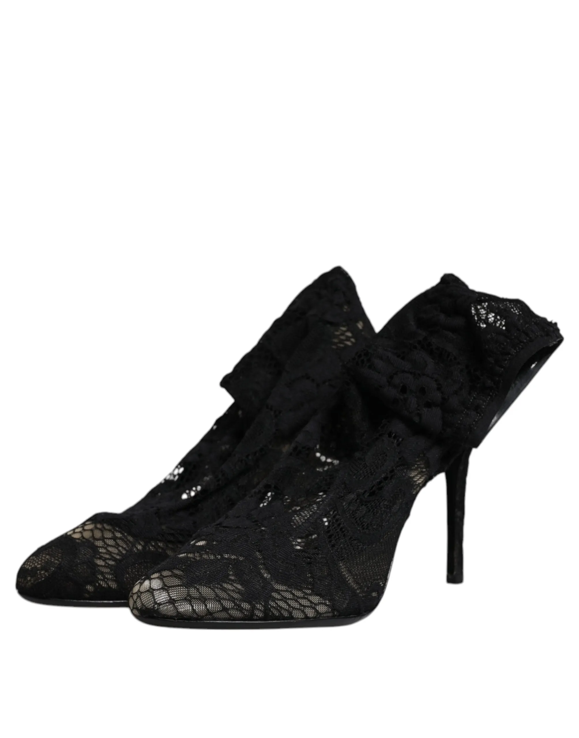 Dolce&Gabbana Women Black Sock Boots Nylon Floral Lace Stretch Pumps Sz EUR 37.5