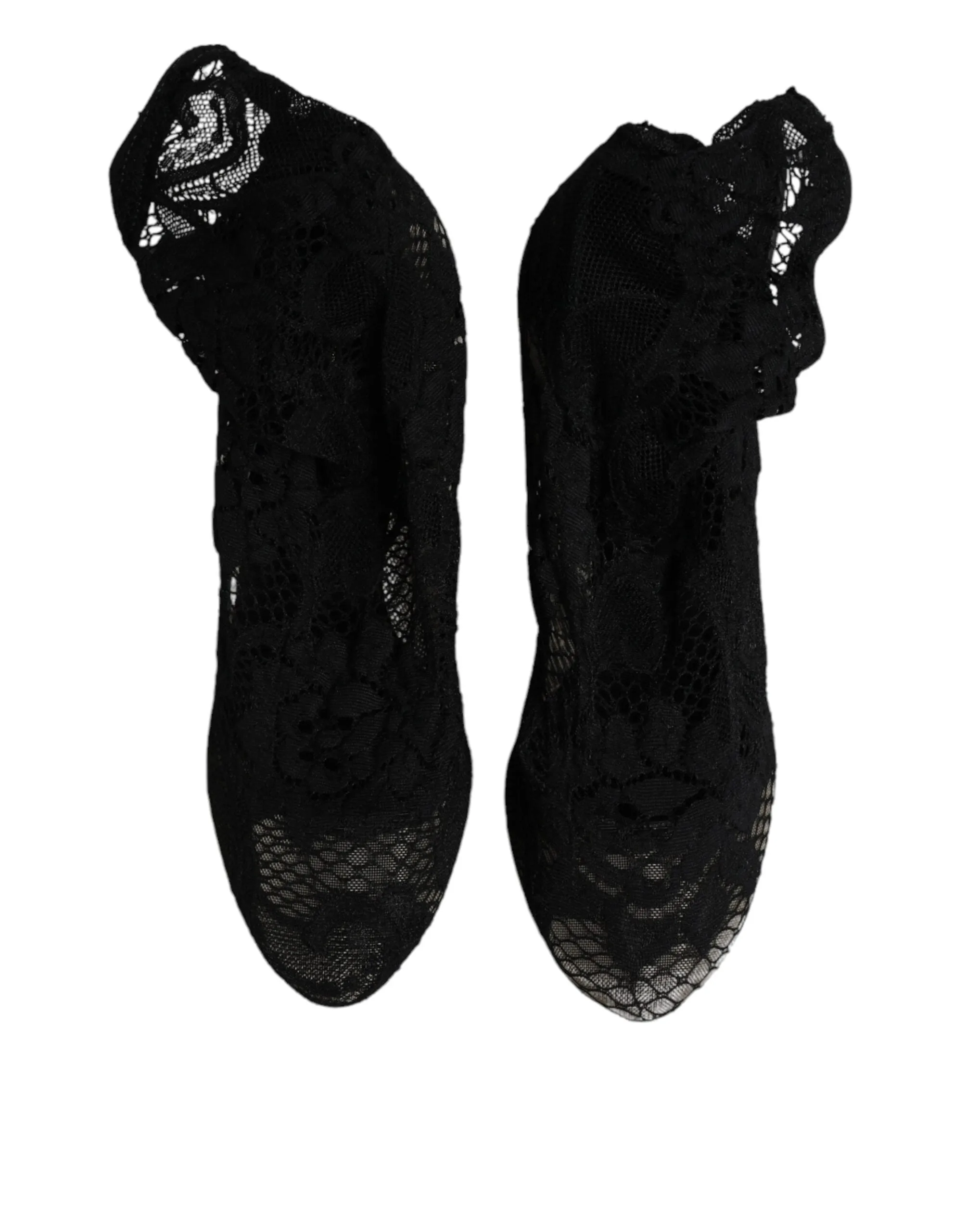 Dolce&Gabbana Women Black Sock Boots Nylon Floral Lace Stretch Pumps Sz EUR 37.5
