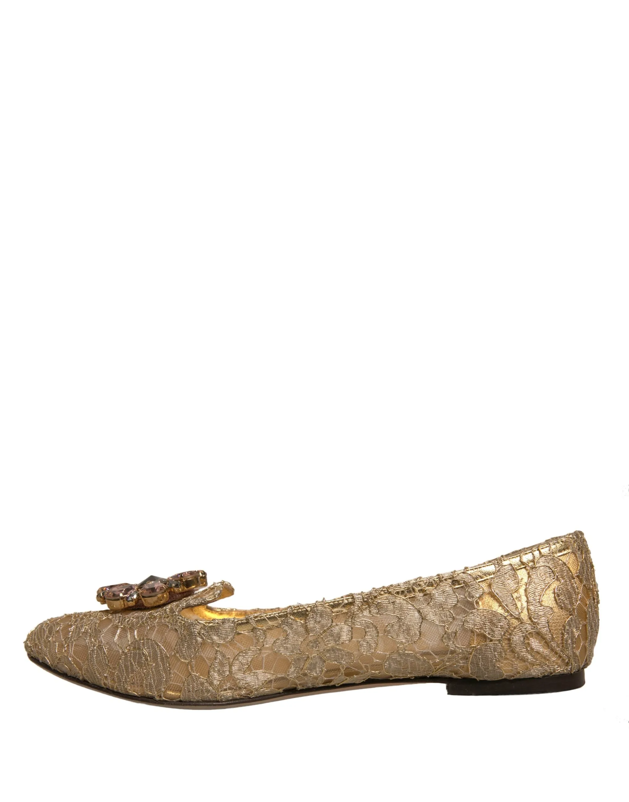 Dolce&Gabbana Women Gold Ballet Flats Nylon Crystals Floral Lace Moccasins EU 40