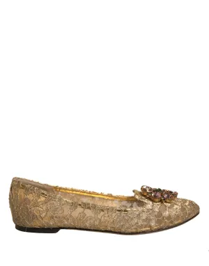 Dolce&Gabbana Women Gold Ballet Flats Nylon Crystals Floral Lace Moccasins EU 40