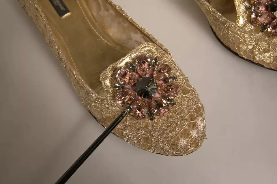 Dolce&Gabbana Women Gold Ballet Flats Nylon Crystals Floral Lace Moccasins EU 40