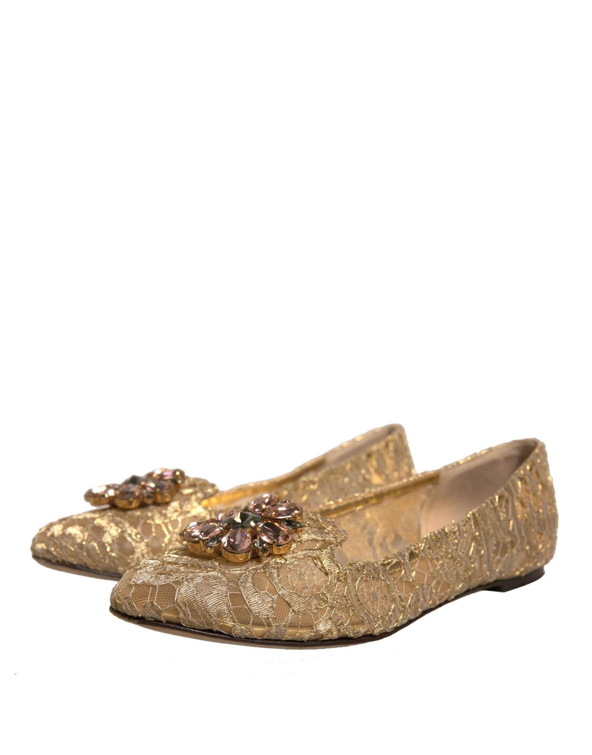 Dolce&Gabbana Women Gold Ballet Flats Nylon Crystals Floral Lace Moccasins EU 40