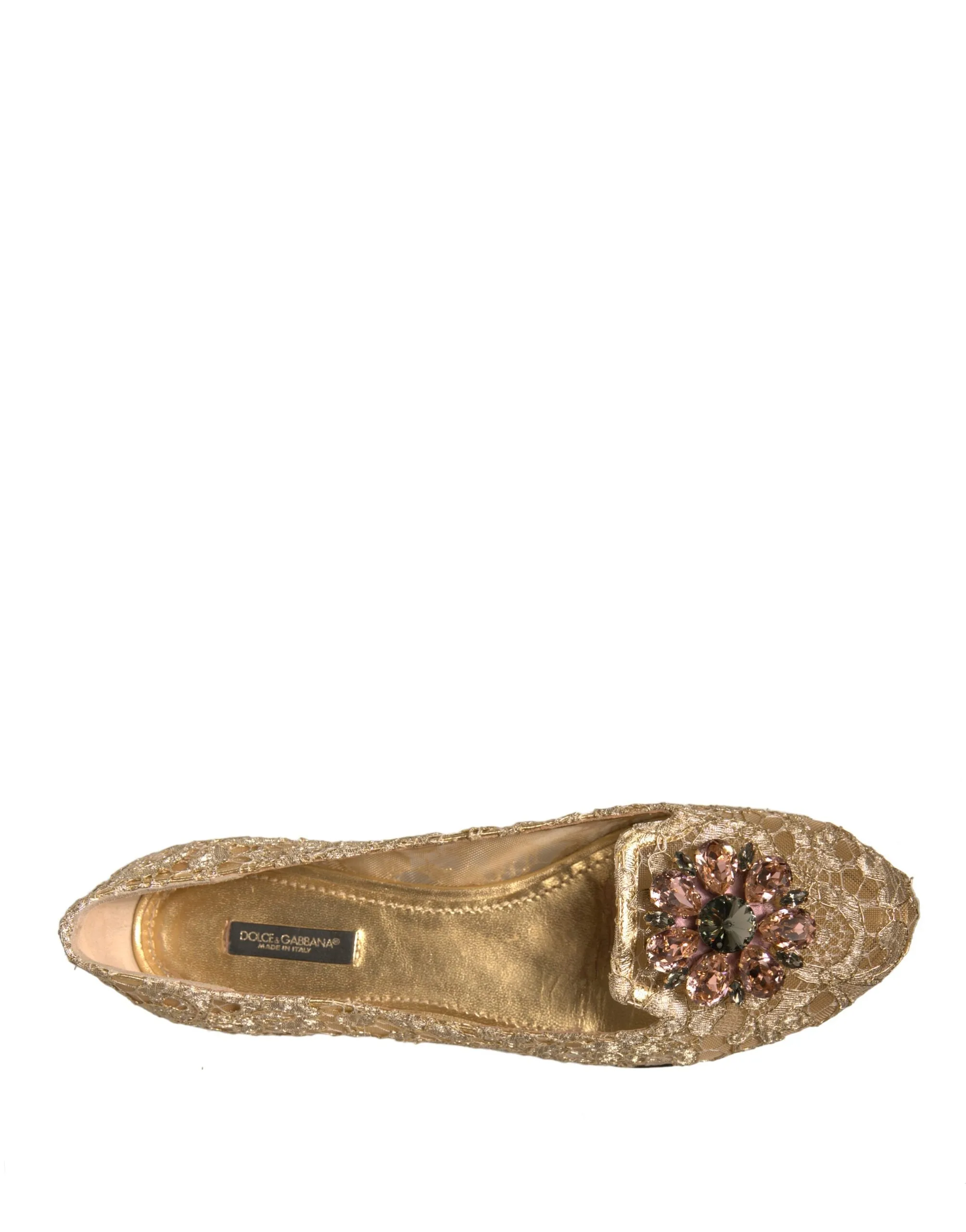 Dolce&Gabbana Women Gold Ballet Flats Nylon Crystals Floral Lace Moccasins EU 40