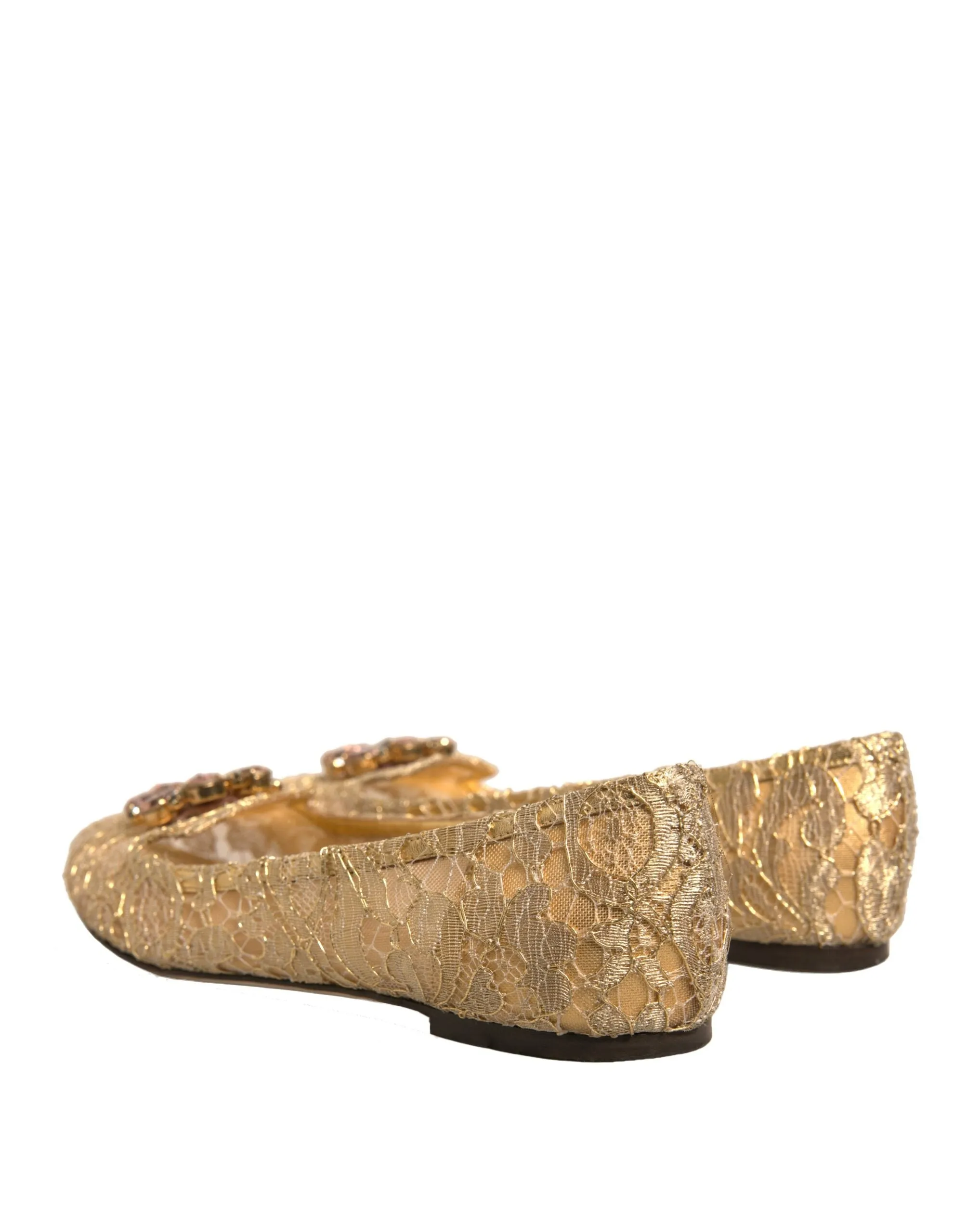 Dolce&Gabbana Women Gold Ballet Flats Nylon Crystals Floral Lace Moccasins EU 40
