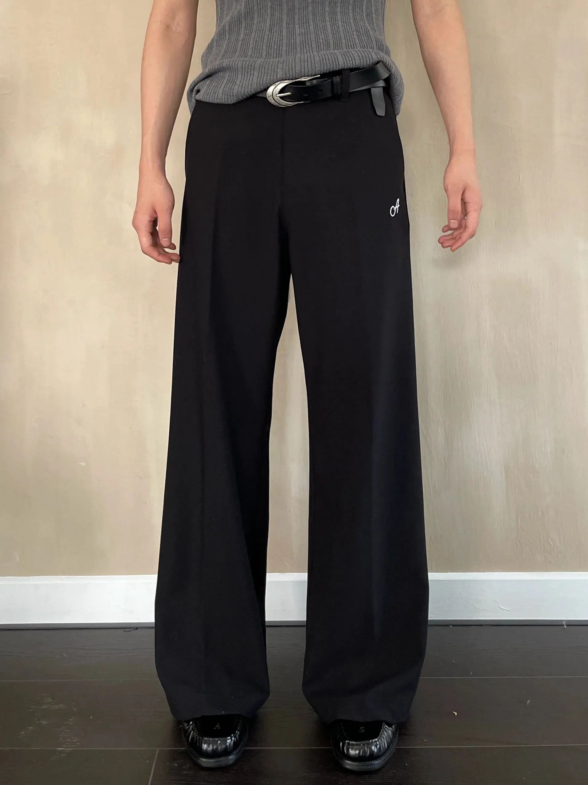 Embroidered Black Wide-Leg Trousers