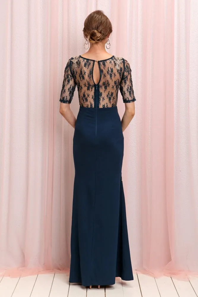 GOLD FLORAL LACE DETAILED FITTED MAXI WITH LACE AND MESH TOP AND SLIT