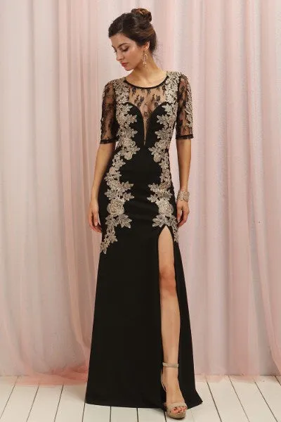 GOLD FLORAL LACE DETAILED FITTED MAXI WITH LACE AND MESH TOP AND SLIT