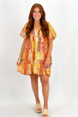 Honey Mix Floral Paisley Print Puff Slv Dress