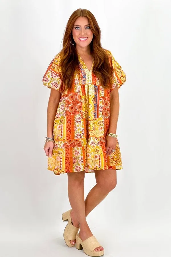 Honey Mix Floral Paisley Print Puff Slv Dress
