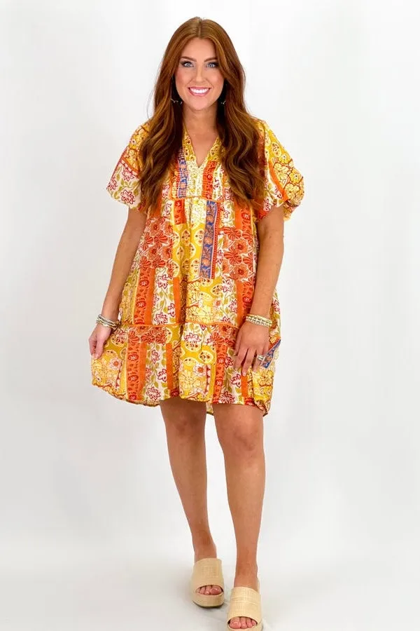 Honey Mix Floral Paisley Print Puff Slv Dress