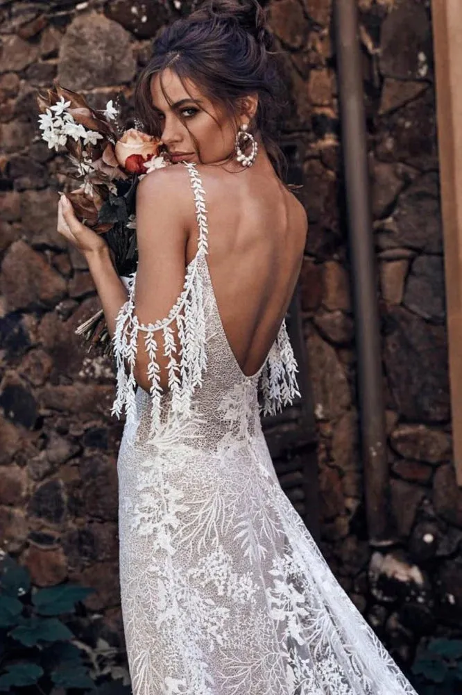 Ivory Bohemian Scoop Neckline Open Back Lace Wedding Dress  TN385