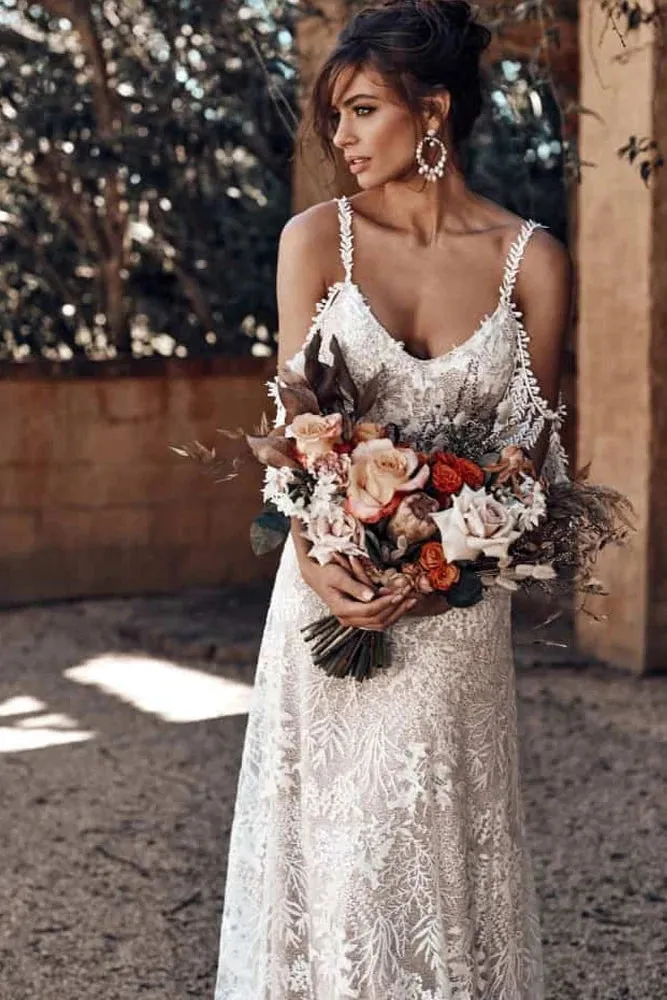 Ivory Bohemian Scoop Neckline Open Back Lace Wedding Dress  TN385