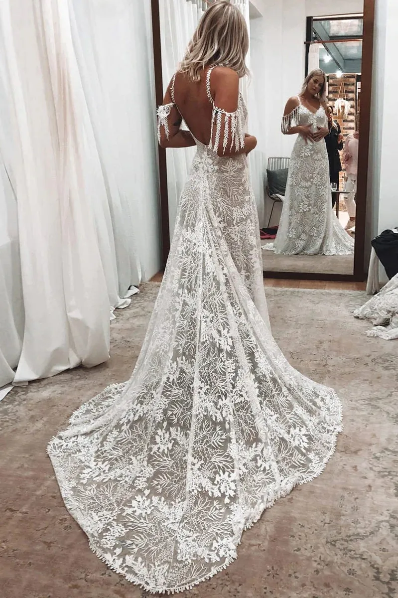 Ivory Bohemian Scoop Neckline Open Back Lace Wedding Dress  TN385