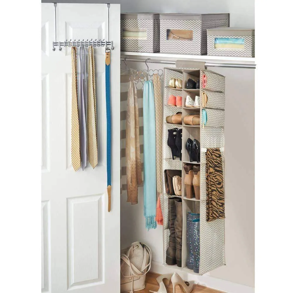 mDesign Soft Fabric Over Rod Hanging Closet Organizer - Holds Shoes, Boots Handbags, Clutches, Accessories - 16 Section Storage Unit - Chevron Zig Zag Print - Taupe/Natural