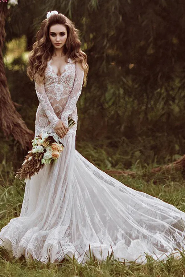 Mermaid Backless Long sleeves Lace Bohemian Wedding Dress TN404