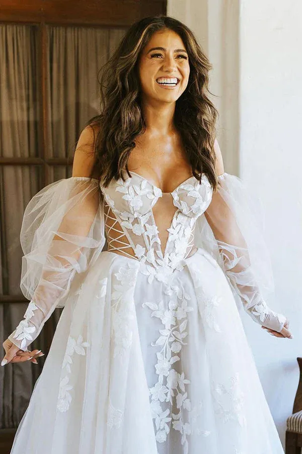 Off The Shoulder Long Sleeves Lace Appliques Bohemian Wedding Dress APW0417