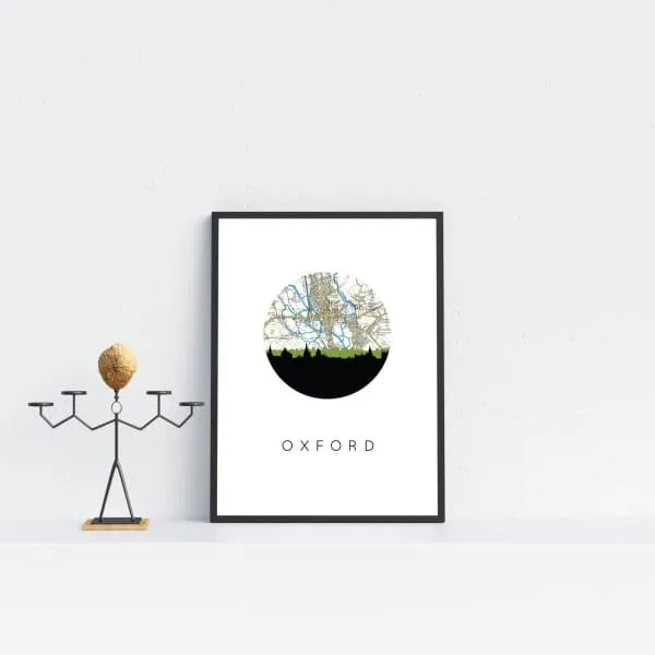 Oxford, England city skyline with vintage Oxford map
