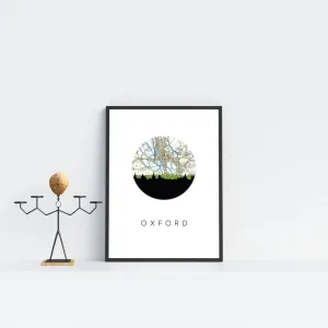 Oxford, England city skyline with vintage Oxford map