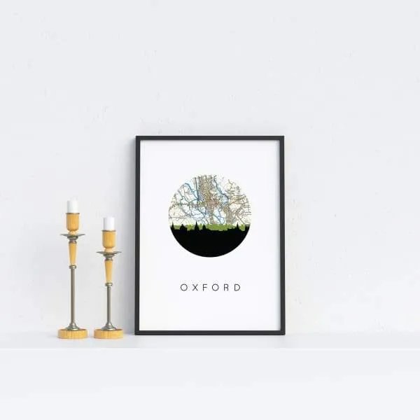 Oxford, England city skyline with vintage Oxford map