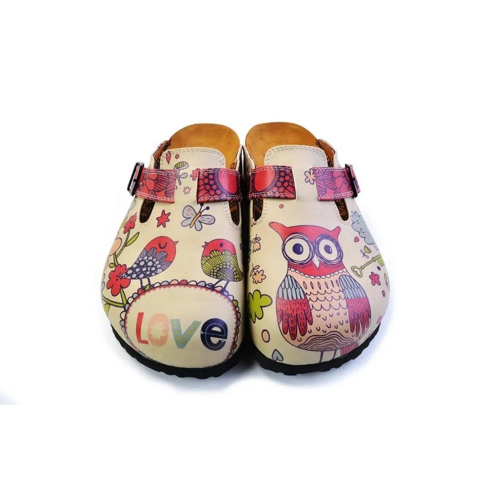 Pink, Blue, Red Flowers Pattern and Red Birds, White and Pink Love Written Owl Patterned Clogs - CAL374