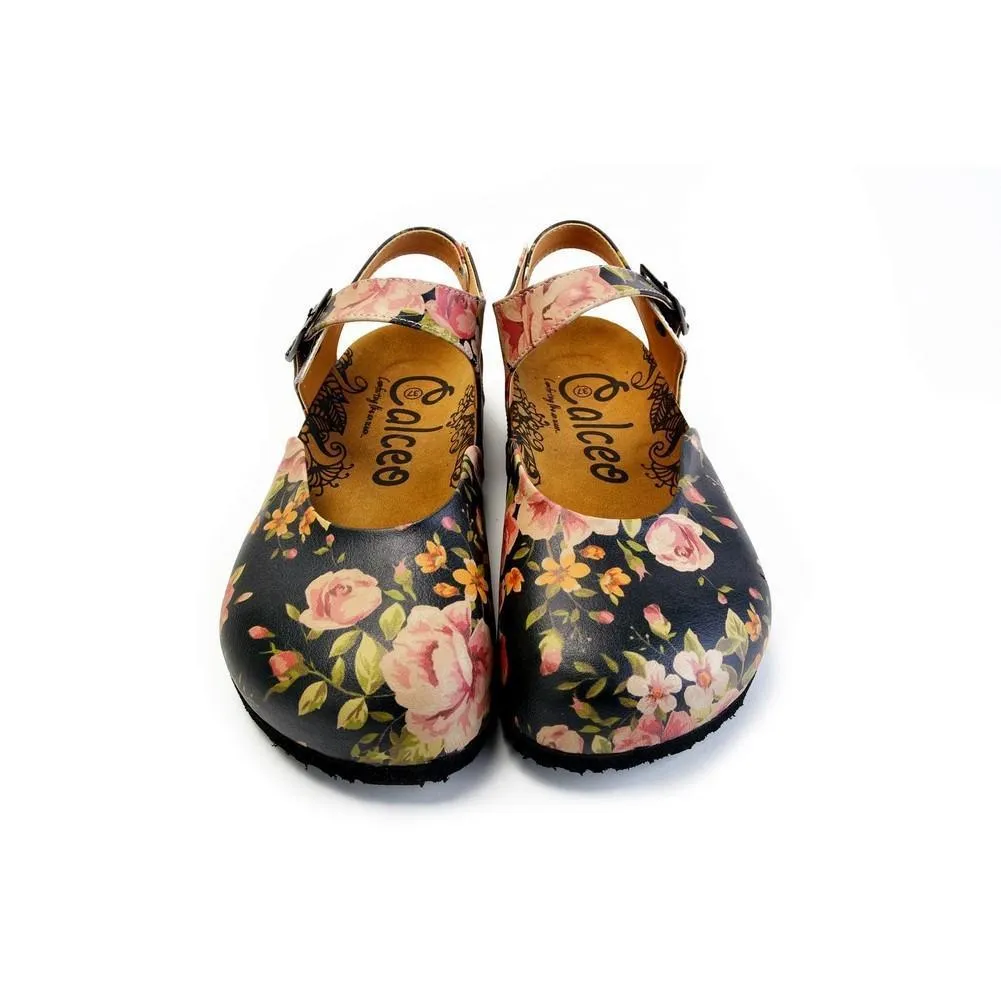 Pink Roses and Orange Flowers, Green Leaf Patterned Clogs - CAL1604
