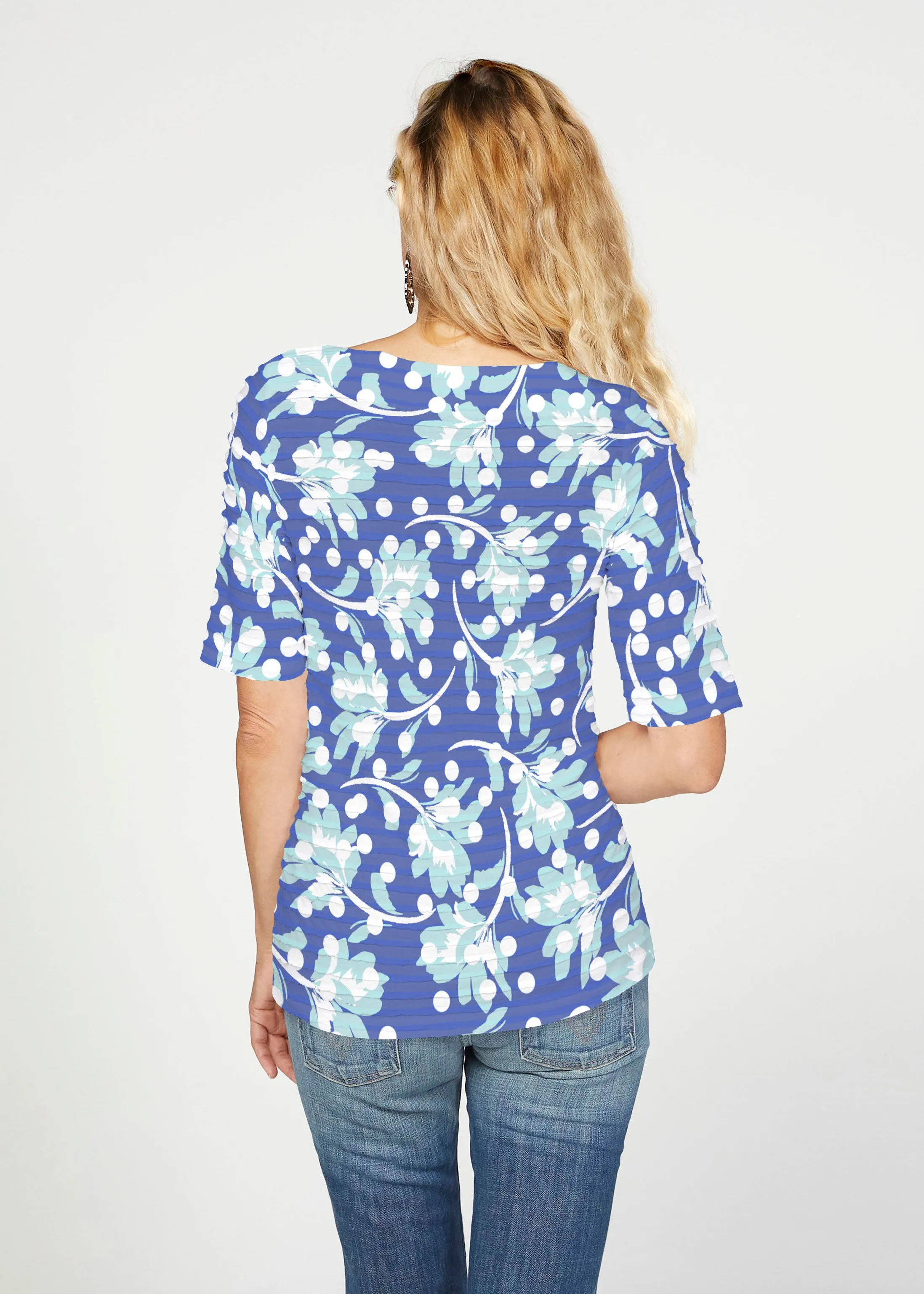 Polka Dot Floral Navy (7916) ~ Banded Elbow Sleeve Boat Neck Top