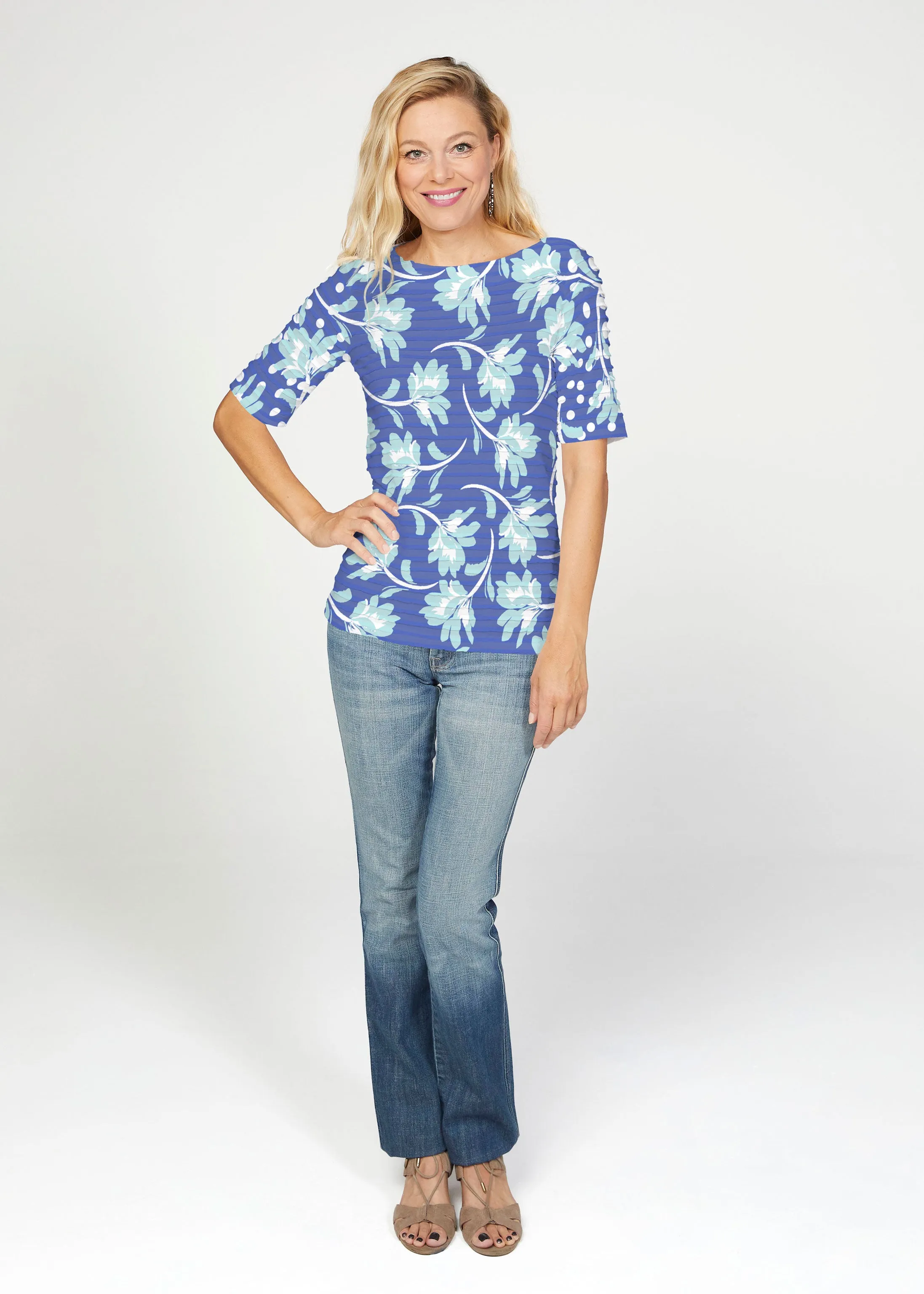 Polka Dot Floral Navy (7916) ~ Banded Elbow Sleeve Boat Neck Top