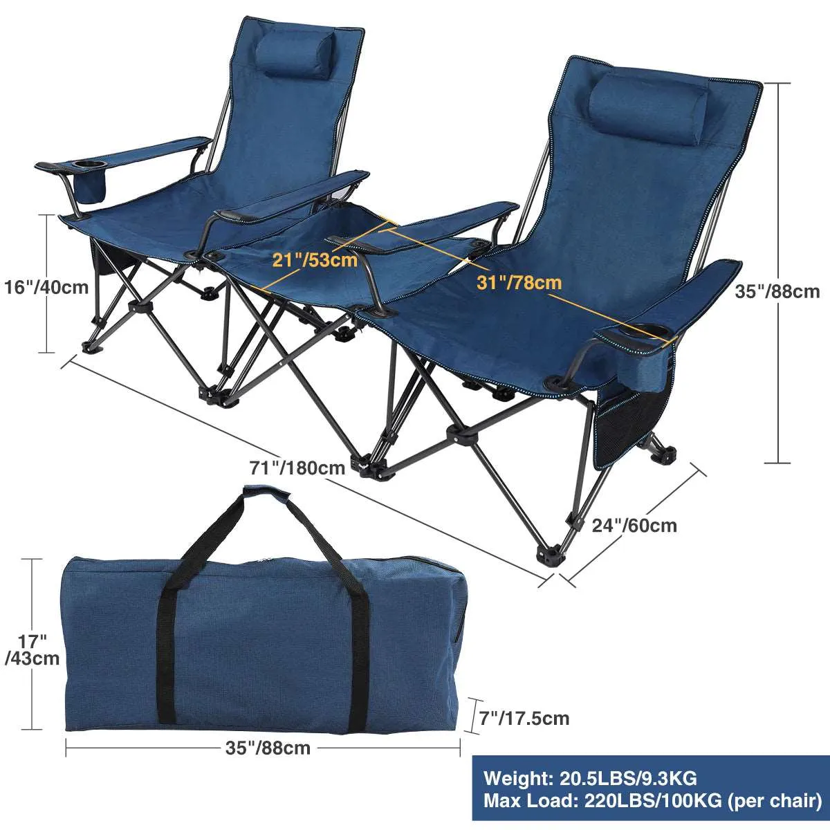 Portable Folding Reclining Camp Chairs with Removable Footrest and Adjustable Backrest, Blue