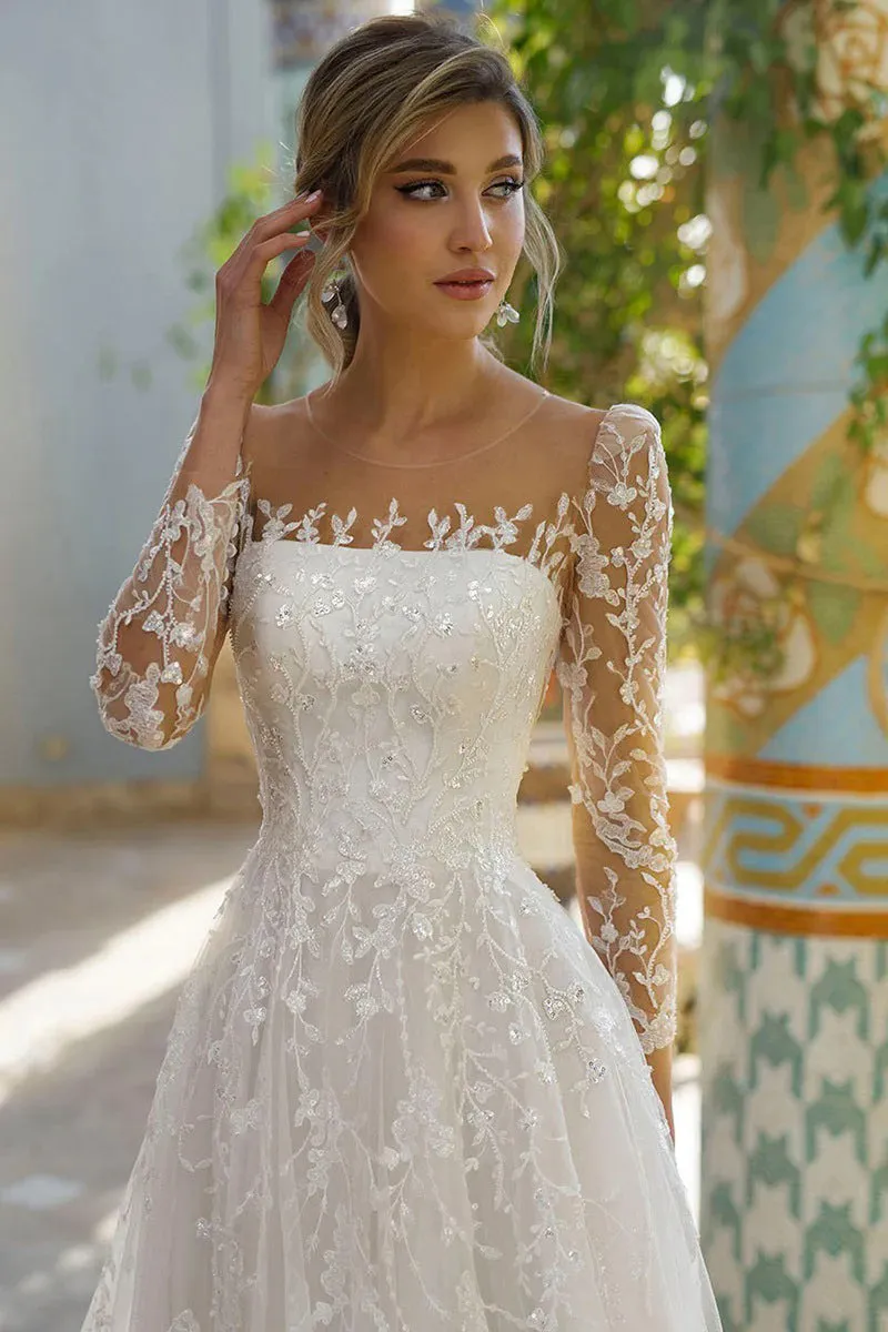 Princess A Line Long Sleeves Lace Appliques Bohemian Wedding Dress TN388