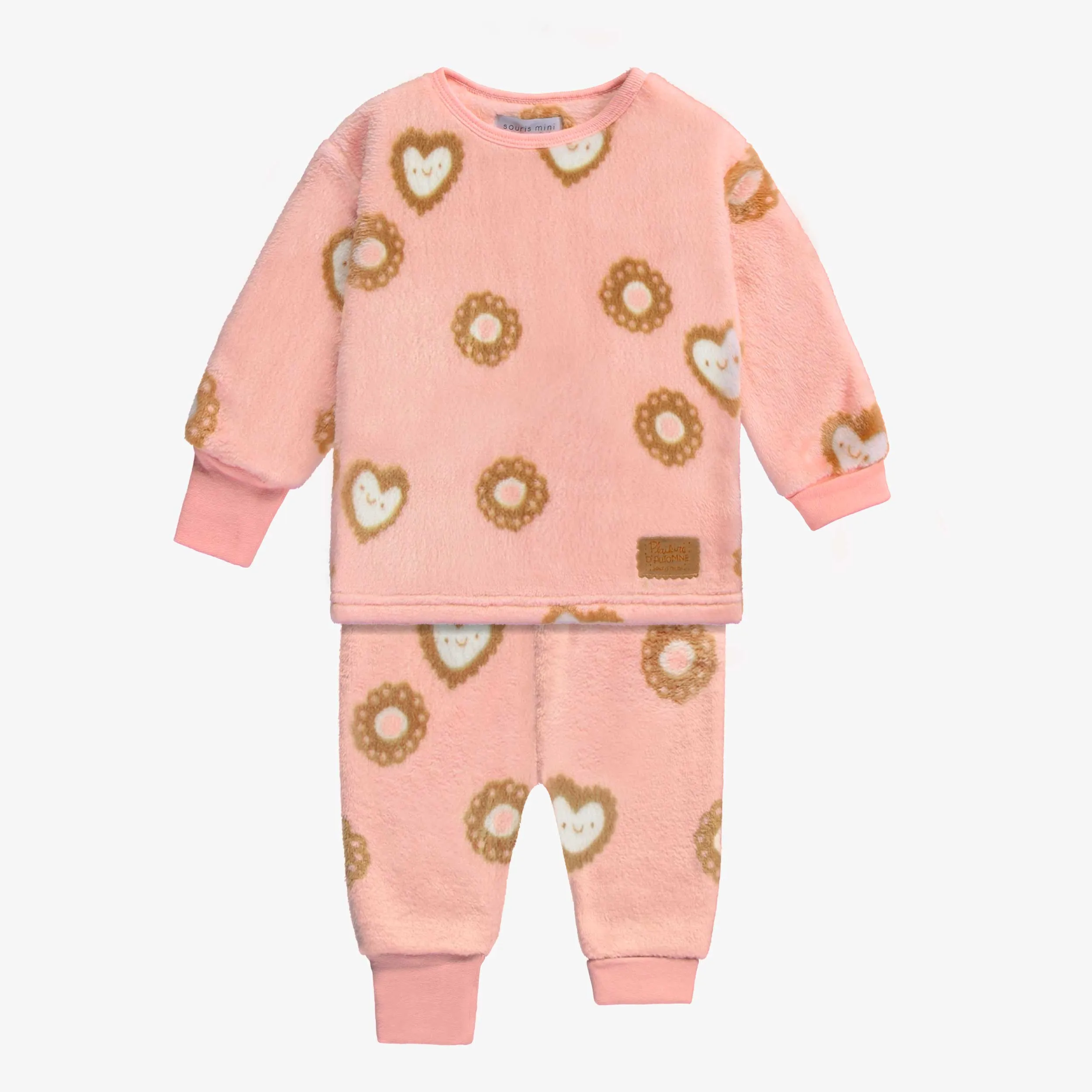 Pyjama deux-pièces rose à motif de biscuits en molleton duveteux, bébé || Pink two-pieces pajama with an all over print of cookies in plush, baby