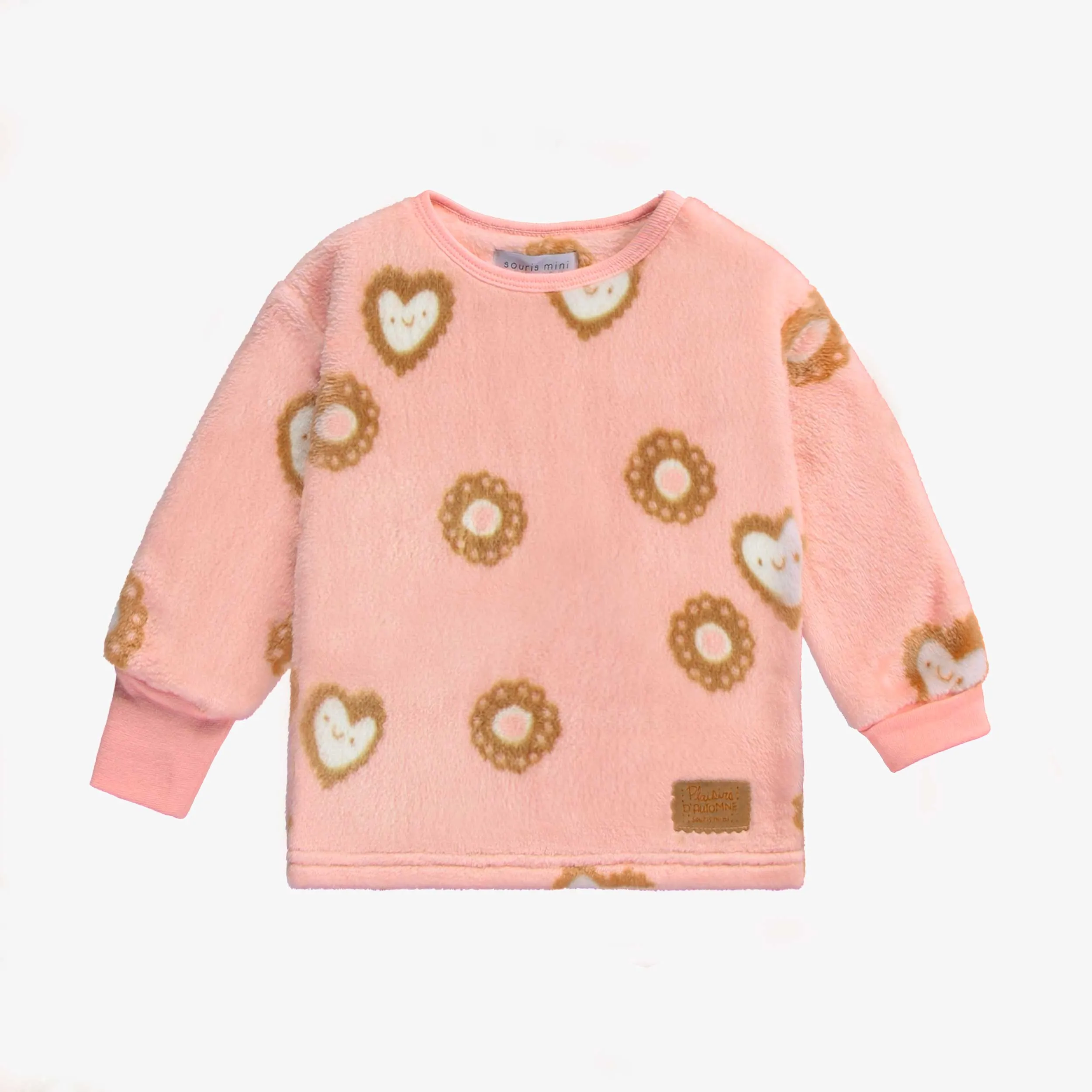 Pyjama deux-pièces rose à motif de biscuits en molleton duveteux, bébé || Pink two-pieces pajama with an all over print of cookies in plush, baby