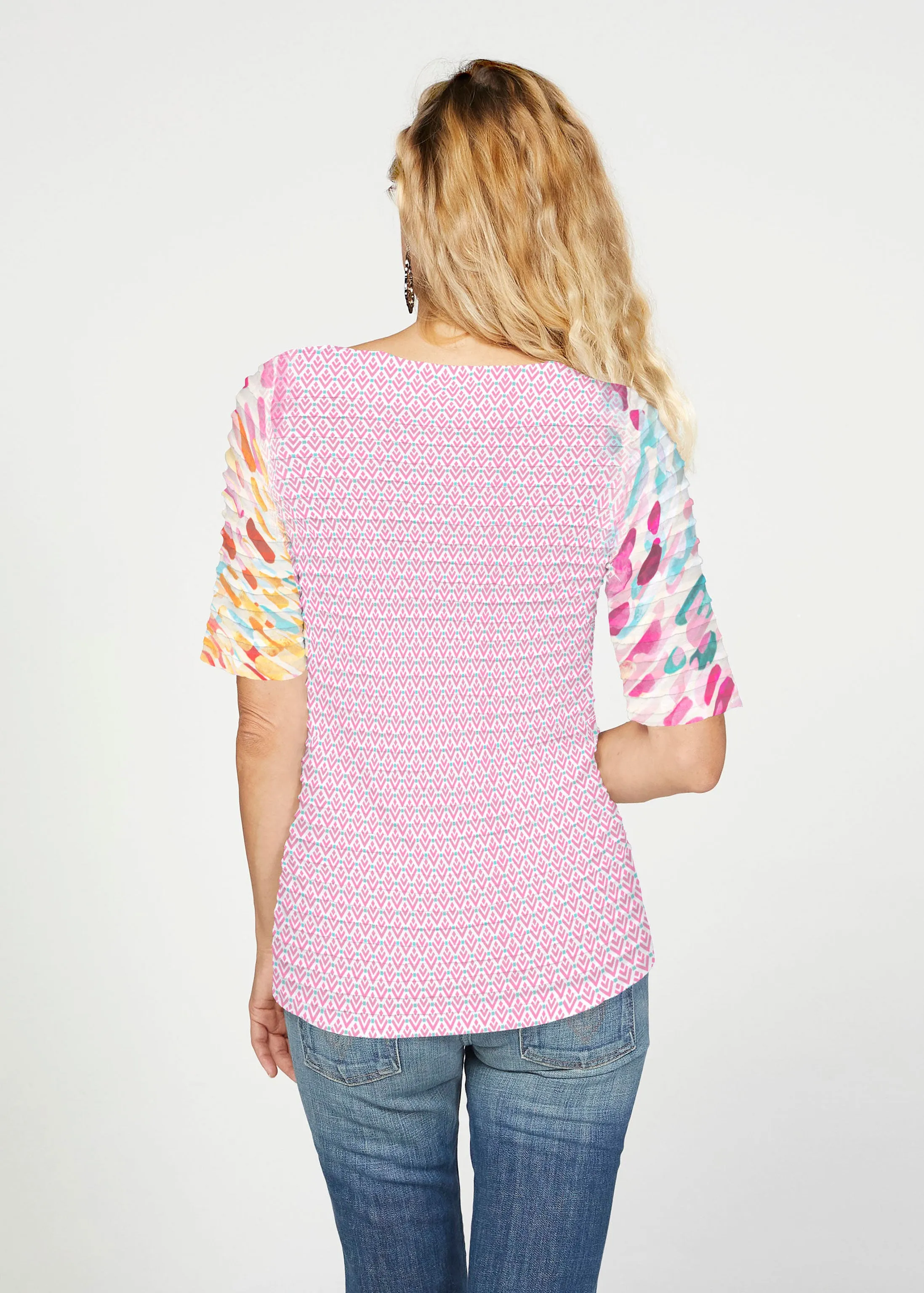 Rainbow Rain (16227) ~ Banded Elbow Sleeve Boat Neck Top
