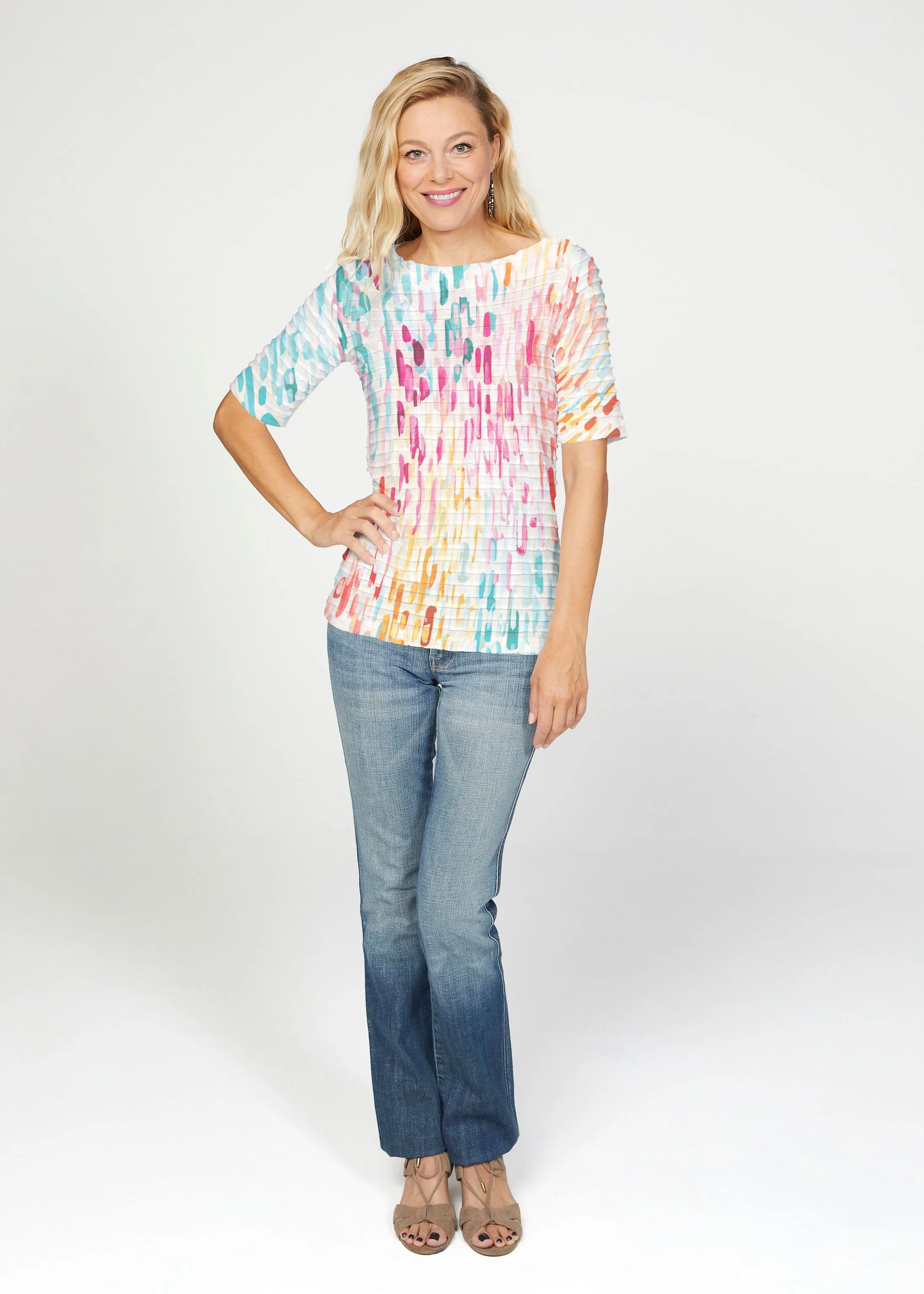 Rainbow Rain (16227) ~ Banded Elbow Sleeve Boat Neck Top