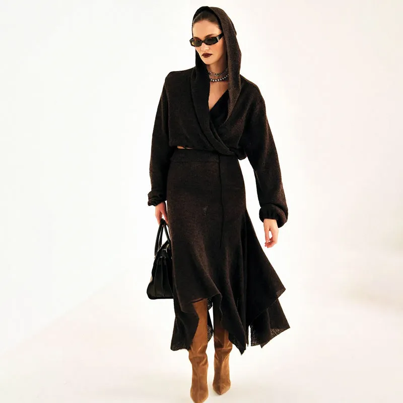 REALAIOT Sanhu Lianjiang G24ST248 2025 women's clothing hooded cross-neck top fishtail skirt lazy casual suit wholesale