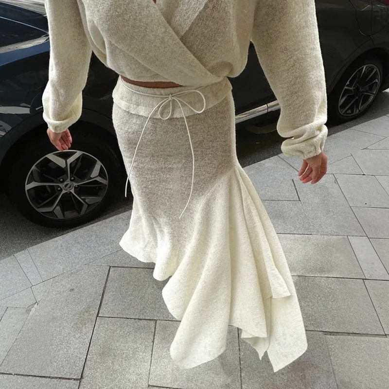 REALAIOT Sanhu Lianjiang G24ST248 2025 women's clothing hooded cross-neck top fishtail skirt lazy casual suit wholesale