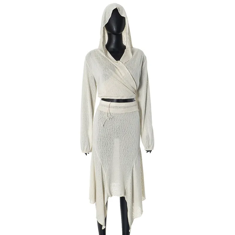 REALAIOT Sanhu Lianjiang G24ST248 2025 women's clothing hooded cross-neck top fishtail skirt lazy casual suit wholesale