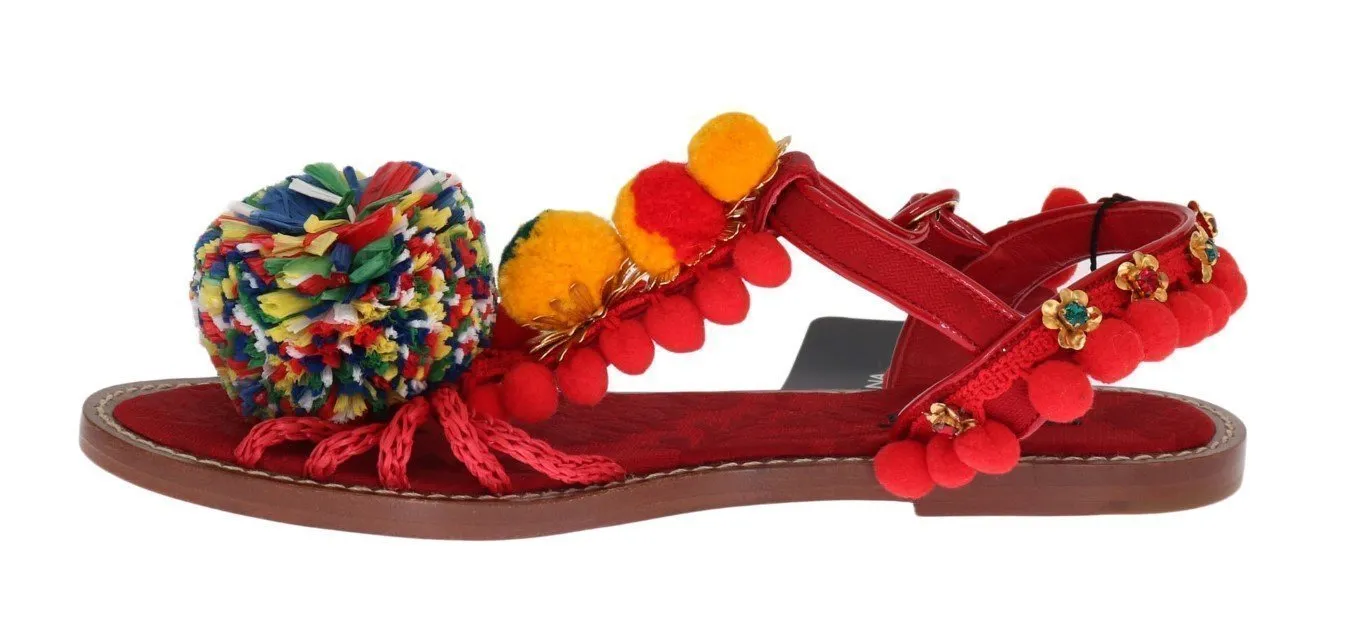 Red Leather Crystal Pom Pom Sandals